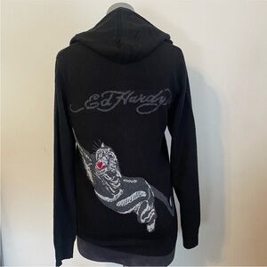 Men’s Ed Hardy Black Hooded Sweater with Gray Tiger and Red Accent - nwt- large